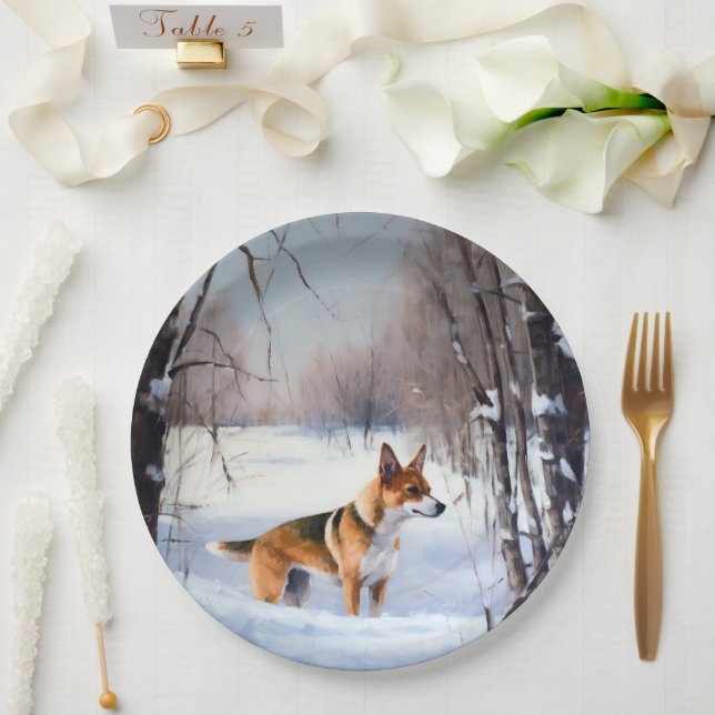 Plato De Papel Basenji deja que nieve Navidades (Boda)