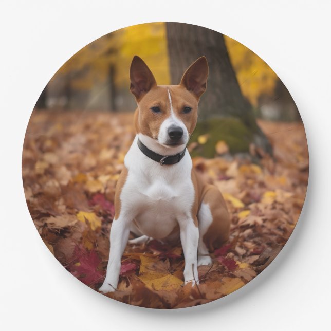 Plato De Papel Basenji en otoño se inspira la caída de las hojas (Anverso)