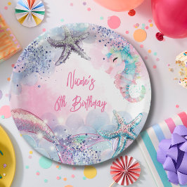 Plato De Papel Bash de cumpleaños de sirena mágica submarina