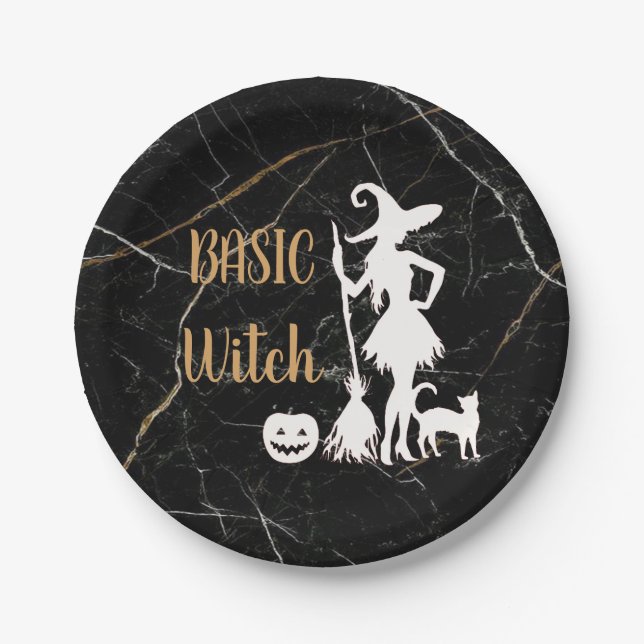 Plato De Papel BASIC personalizado BRUJA con Gato Divertido Genia (Anverso)