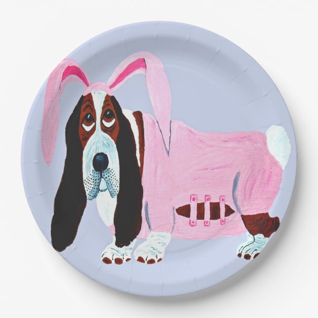 Plato De Papel Basset Hound con traje de conejo (Anverso)