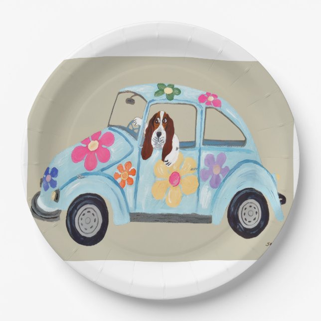 Plato De Papel Basset Hound en coche hippie (Anverso)