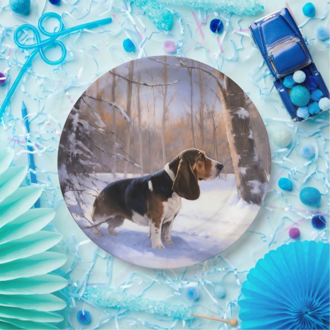 Plato De Papel Basset Hound Let It Snow Navidades (Fiesta)