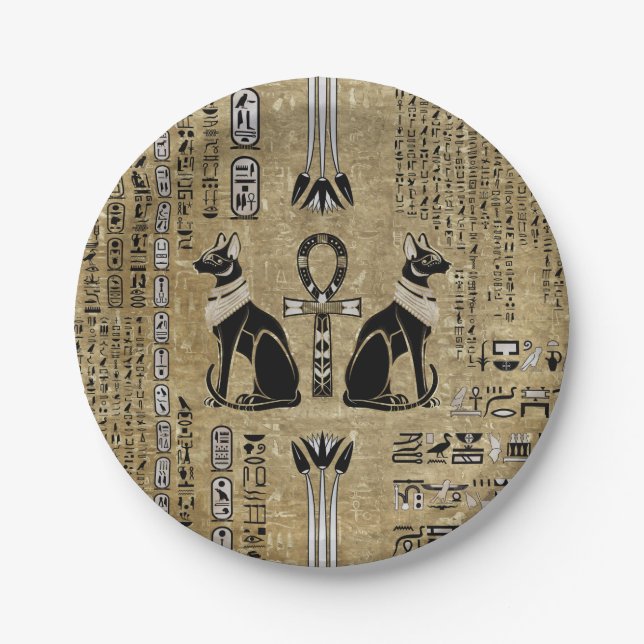 Plato De Papel Bastet - Gatos Egipcios Y Cruz Del Ankh (Anverso)
