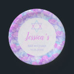 Plato De Papel Bat Mitzvah Agua Floral Azul Rosa Hydrangea<br><div class="desc">Añada estas placas personalizadas de papel fiesta con la temática Bat Mitzvah a los ajustes de su lugar de celebración. El diseño presenta un borde de delicadas flores de hidraangea en tonos rosas, lavanda y azul acuático. Hay una Estrella de David y nombre en la moderna tipografía de escritura rosa...</div>