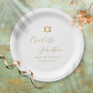 Plato De Papel Bat Mitzvah, Bar Mitzvah Elegant Gold Script