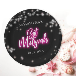 Plato De Papel Bat Mitzvah, con un tema neón rosado candente