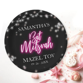Plato De Papel Bat Mitzvah, con un tema neón rosado candente