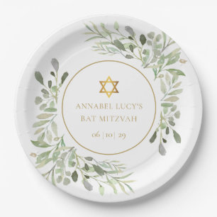 Plato De Papel Bat Mitzvah de Acuarela Verde, Bar Mitzvah