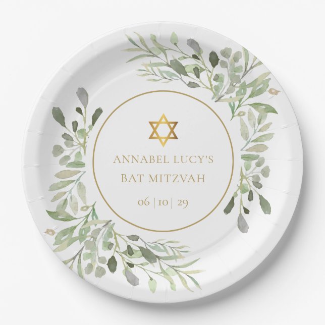 Plato De Papel Bat Mitzvah de Acuarela Verde, Bar Mitzvah (Anverso)