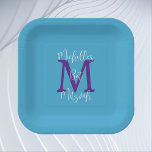 Plato De Papel Bat Mitzvah Sky Blue Purple White Name Monograma<br><div class="desc">Qué plato de papel maravilloso y personalizado para una recepción Bat / Bas Mitzvah Fiesta. El fondo es azul cielo,  el monograma es púrpura,  el nombre es blanco. Elija cuadrado o redondo. Todos los derechos reservados © 2024 Alan & Marcia Socolik.</div>