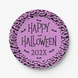 Plato De Papel Bat pattern purple black Happy Halloween year