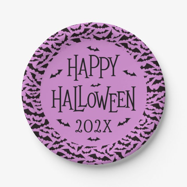 Plato De Papel Bat pattern purple black Happy Halloween year (Anverso)