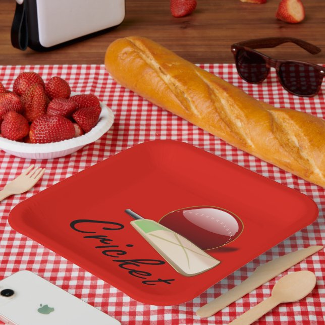 Plato De Papel Bate y bola de cricket, etiquetados, (Picnic)