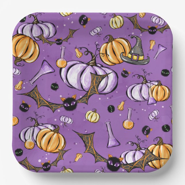 PLATO DE PAPEL BATES PURPLE & NARANJA HALLOWEEN (Anverso)