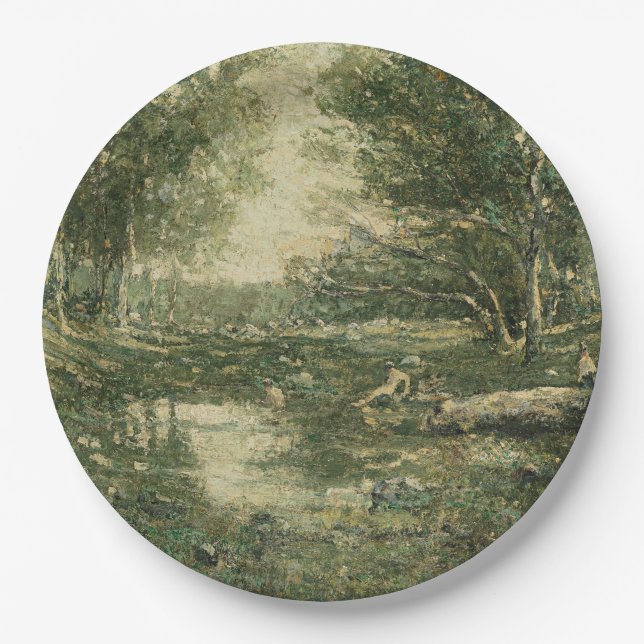 Plato De Papel Bathers in Green Woodland Landscape (Arte de época (Anverso)