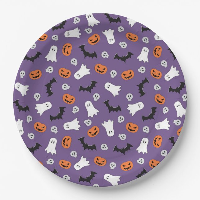 Plato De Papel Bats De Fantasma De Halloween Y Calabazas (Anverso)