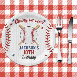 Plato De Papel "Batter Up – Baseball Theme Party for Boys<br><div class="desc">Step up to the plate and celebrate in style with this classic baseball-themed birthday invitation! Featuring bold “SWING ON OVER” text, red pinstripes inspired by a baseball jersey, crossed bats, and a baseball, this design is perfect for your little slugger’s big day. Great for boys of all ages who love...</div>