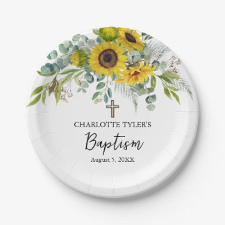 Plato De Papel Bautismo Boho de Girasol y Eucalipto Cruz