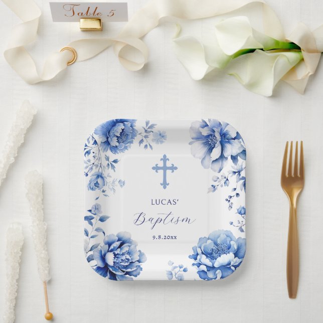Plato De Papel Bautismo con flores azules (Boda)