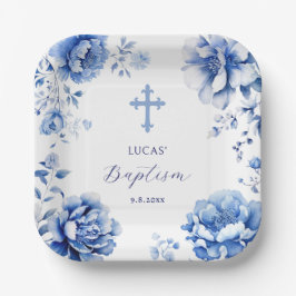 Plato De Papel Bautismo con flores azules