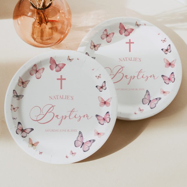 Plato De Papel Bautismo con mariposa rosa suave (Subido por el creador)
