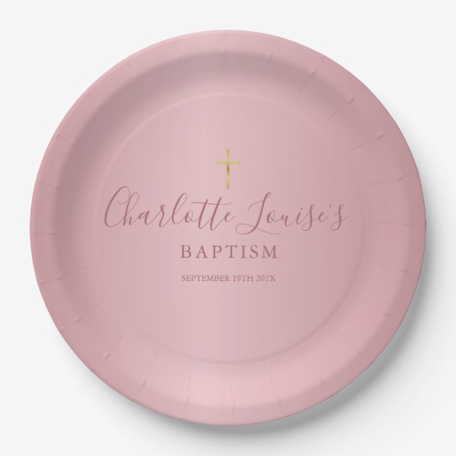 Plato De Papel Bautismo Cristiandad Elegante Rosa Oro Script (Anverso)