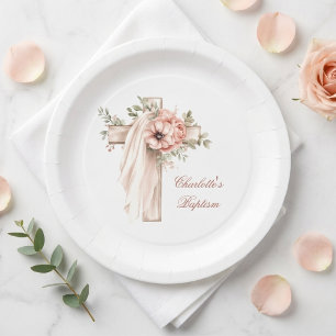 Plato De Papel Bautismo de cruz floral rosa sonrosado