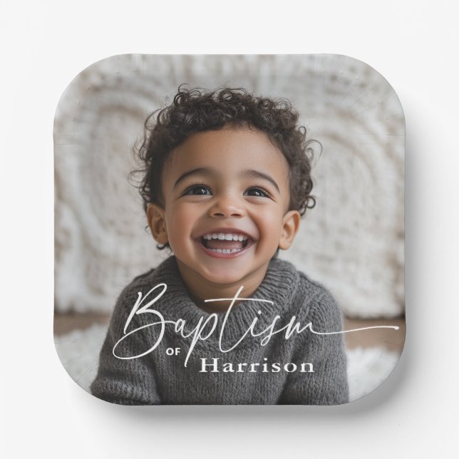 Plato De Papel Bautismo de fotografía redonda (Anverso)