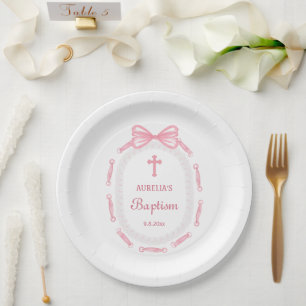 Plato De Papel Bautismo de marco de cinta rosada