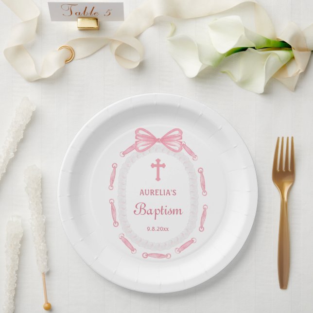 Plato De Papel Bautismo de marco de cinta rosada (Boda)