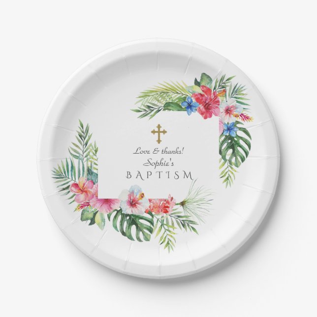 Plato De Papel Bautismo de marco floral tropical hawaiano exótico (Anverso)