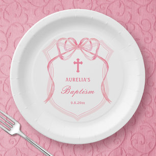 Plato De Papel Bautismo Escudo de Bow Rosado