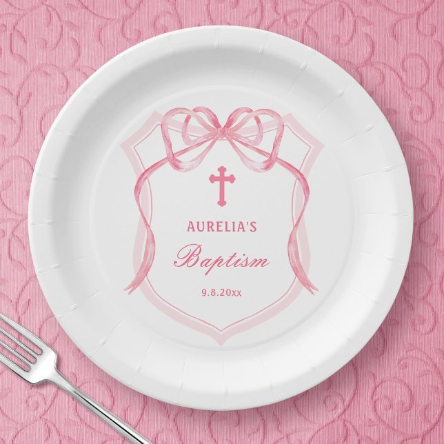 Plato De Papel Bautismo Escudo de Bow Rosado (Subido por el creador)