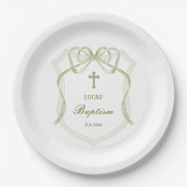 Plato De Papel Bautismo Escudo Sage Green Bow