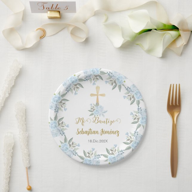 Plato De Papel Bautismo floral azul (Boda)