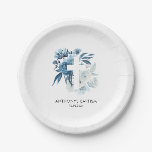 Plato De Papel bautismo floral azul acuarela