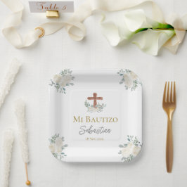 Plato De Papel Bautismo floral blanco