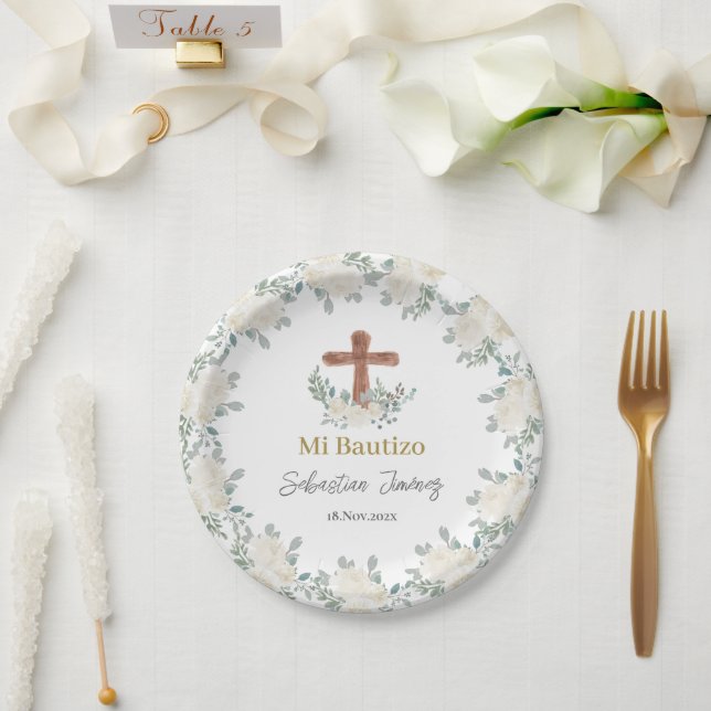 Plato De Papel Bautismo floral blanco (Boda)