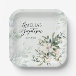 Plato De Papel Bautismo floral verde sabio