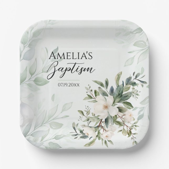 Plato De Papel Bautismo floral verde sabio (Anverso)
