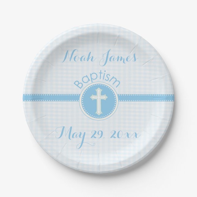 Plato De Papel Bautismo Hito azul de Dios, Personalizable (Anverso)