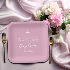 Plato De Papel Bautismo moderno cristiano cruz blanca rosada turb