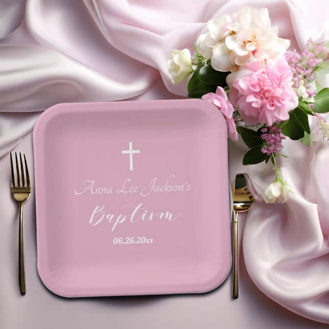 Plato De Papel Bautismo moderno cristiano cruz blanca rosada turb (Subido por el creador)
