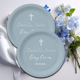 Plato De Papel Bautismo moderno cristiano cruz blanca turbia azul