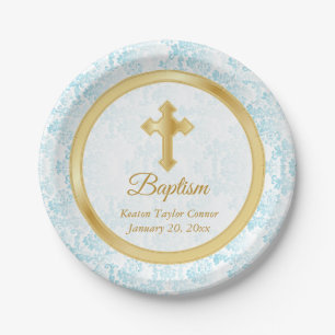Plato De Papel Bautismo Personalizado en azul, Damasco blanco y o