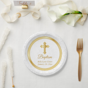Plato De Papel Bautismo personalizado en Damasco blanco Bonito y 