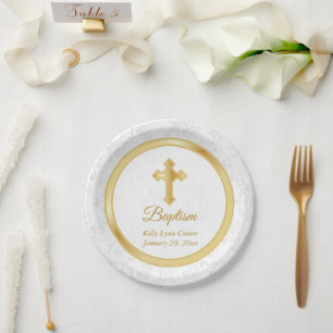 Plato De Papel Bautismo Personalizado en Damasco blanco y oro Bon