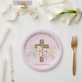 Plato De Papel Bautismo personalizado y cruz floral cristiana
