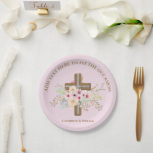 Plato De Papel Bautismo personalizado y cruz floral cristiana